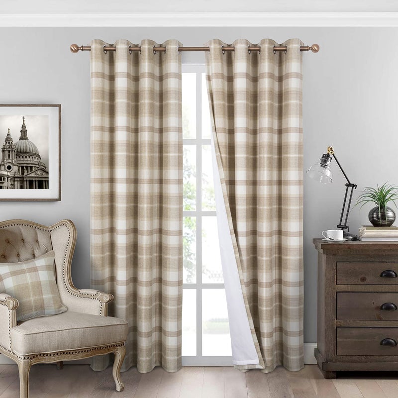 always4u Plaid Curtains for Bedroom Living Room 100% Blackout Thermal Energy Saving Woolen Look Grommet Curtains 63 Inch Length 2 Panels Beige - Image 1